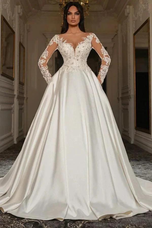 Elegant Long Sleeves A-line Sweetheart Satin Lace Wedding Dresses with Pockets by BIZTUNNEL