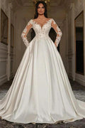 Elegant Long Sleeves A-line Sweetheart Satin Lace Wedding Dresses with Pockets by BIZTUNNEL