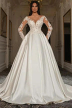 Elegant Long Sleeves A-line Sweetheart Satin Lace Wedding Dresses with Pockets by BIZTUNNEL