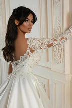 Elegant Long Sleeves A-line Sweetheart Satin Lace Wedding Dresses with Pockets by BIZTUNNEL