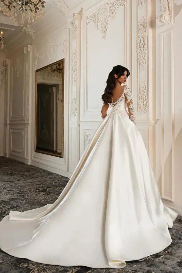 Elegant Long Sleeves A-line Sweetheart Satin Lace Wedding Dresses with Pockets by BIZTUNNEL