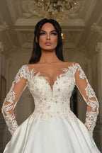 Elegant Long Sleeves A-line Sweetheart Satin Lace Wedding Dresses with Pockets by BIZTUNNEL
