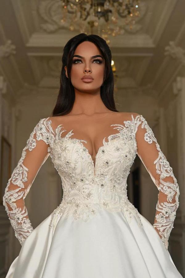 Elegant Long Sleeves A-line Sweetheart Satin Lace Wedding Dresses with Pockets by BIZTUNNEL