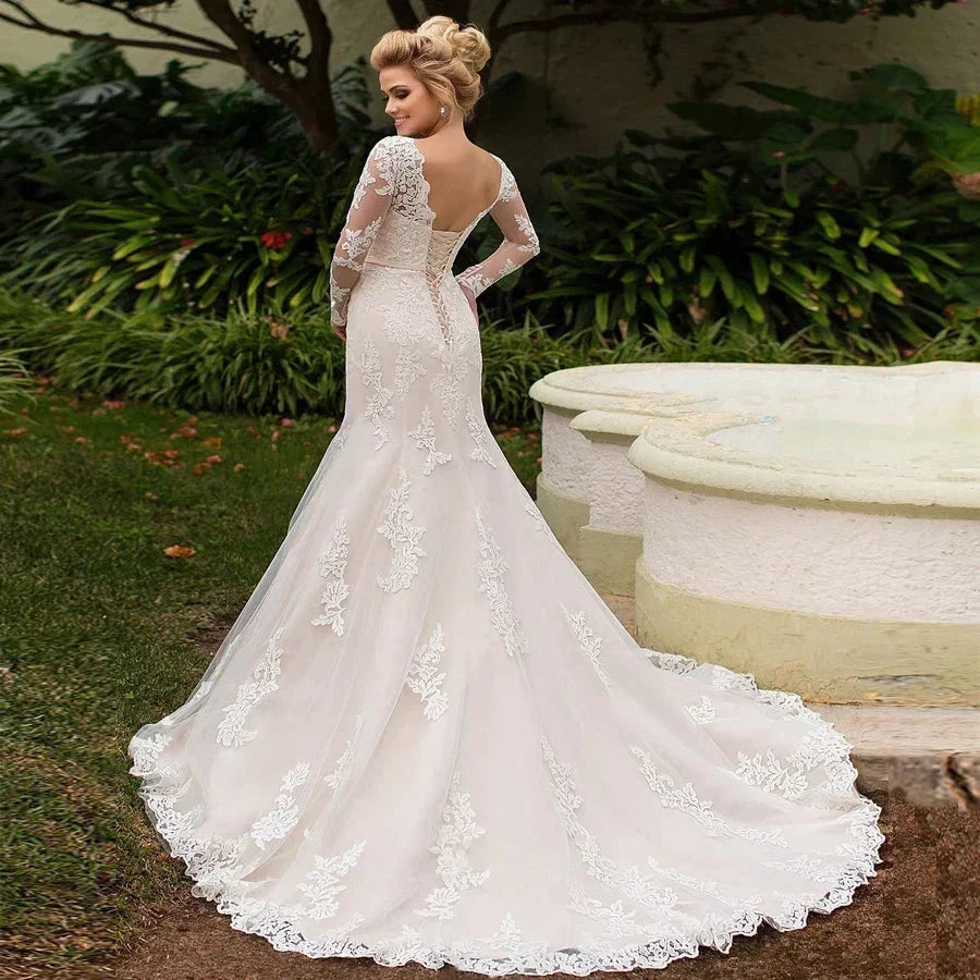 Elegant Long Sleeves Appliques Vestido De Noiva Lace-up back Mermaid Wedding Dress Sexy Backless Vestidos De Novia by payinti