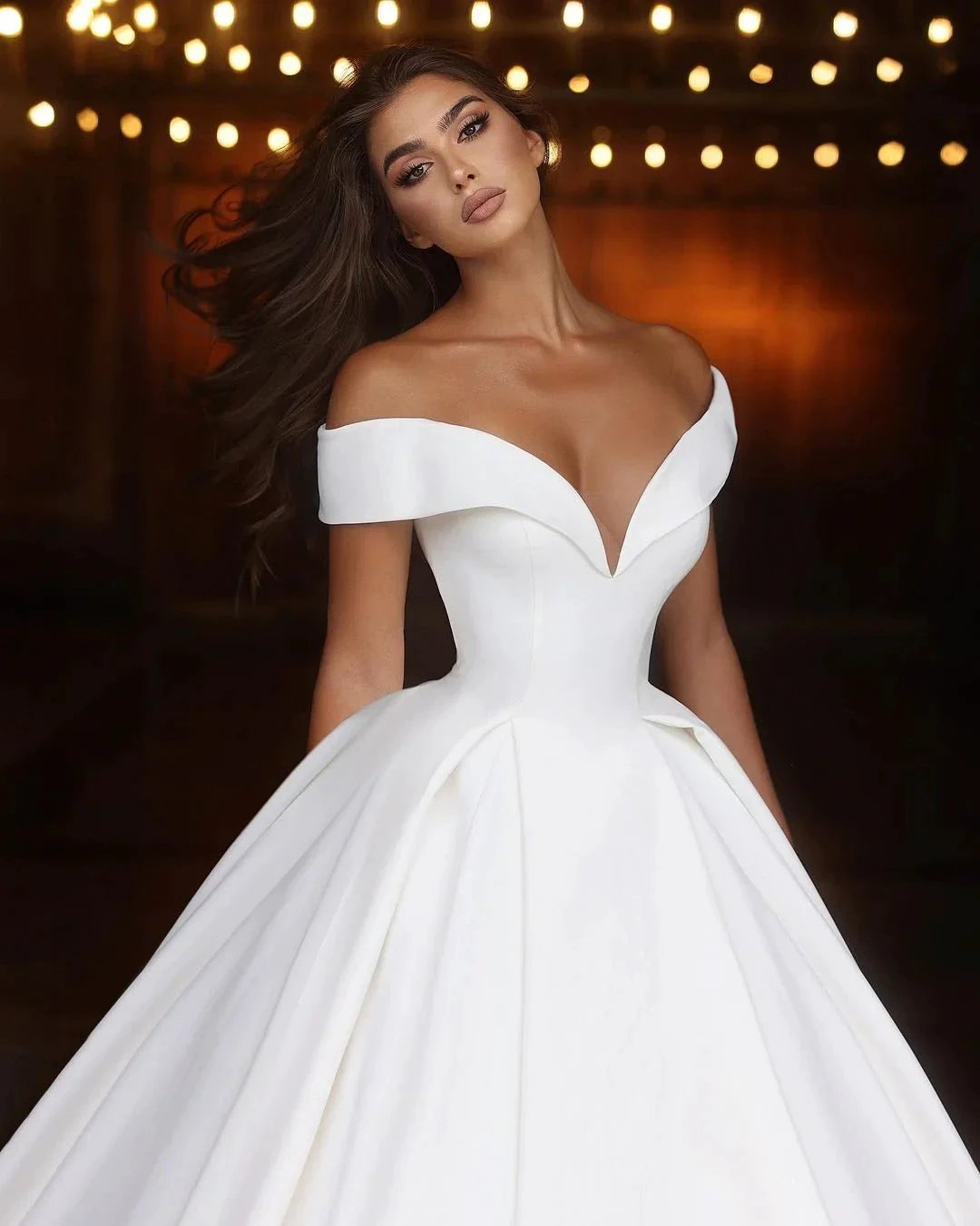 Elegant Long White A-line Off-the-shoulder V-neck Satin Wedding Dress by misshow.com