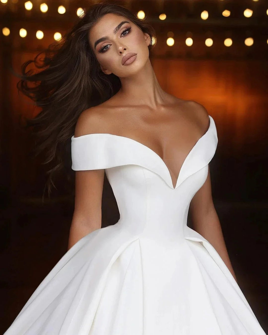 Elegant Long White A-line Off-the-shoulder V-neck Satin Wedding Dress by misshow.com