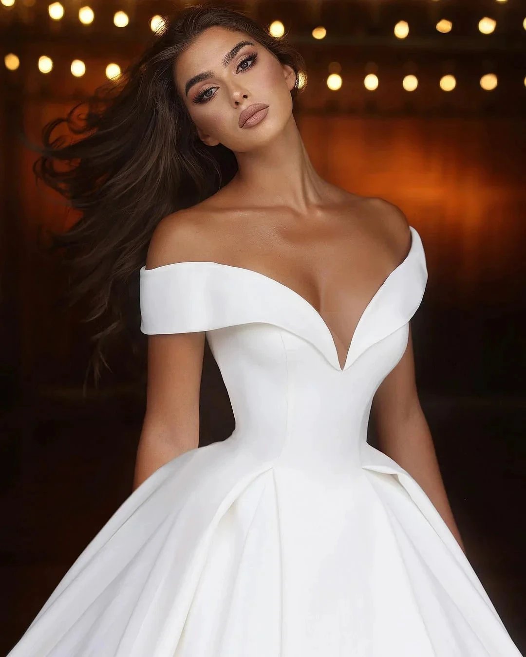 Elegant Long White A-line Off-the-shoulder V-neck Satin Wedding Dress by misshow.com