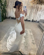 Elegant Long White Mermaid Off-the-shoulder Appliques Wedding Dress With Train by misshow.com