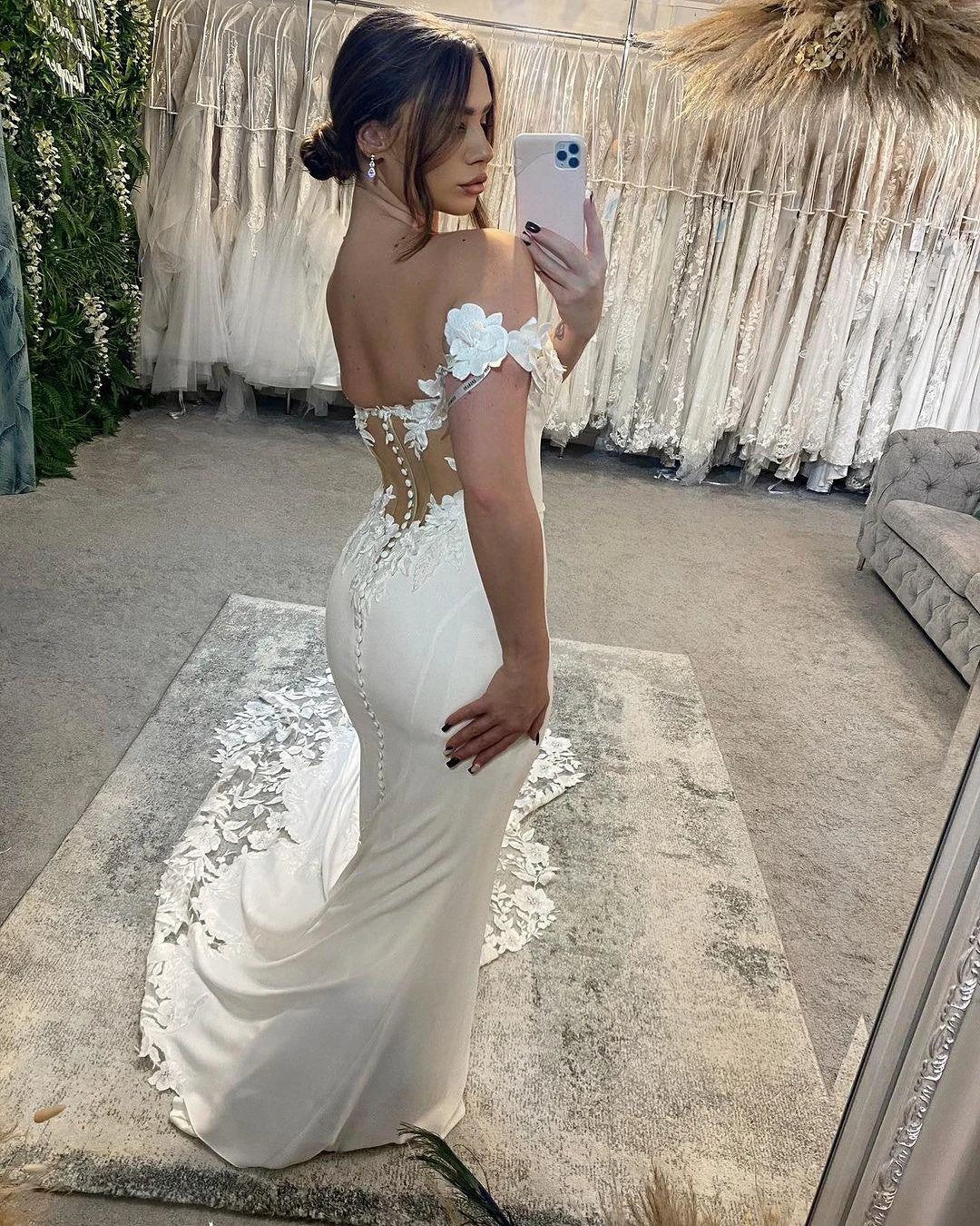 Elegant Long White Mermaid Off-the-shoulder Appliques Wedding Dress With Train by misshow.com