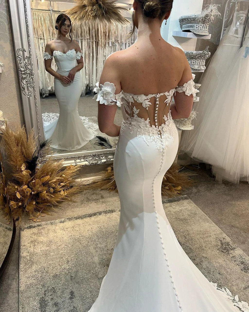 Elegant Long White Mermaid Off-the-shoulder Appliques Wedding Dress With Train by misshow.com