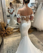 Elegant Long White Mermaid Off-the-shoulder Appliques Wedding Dress With Train by misshow.com