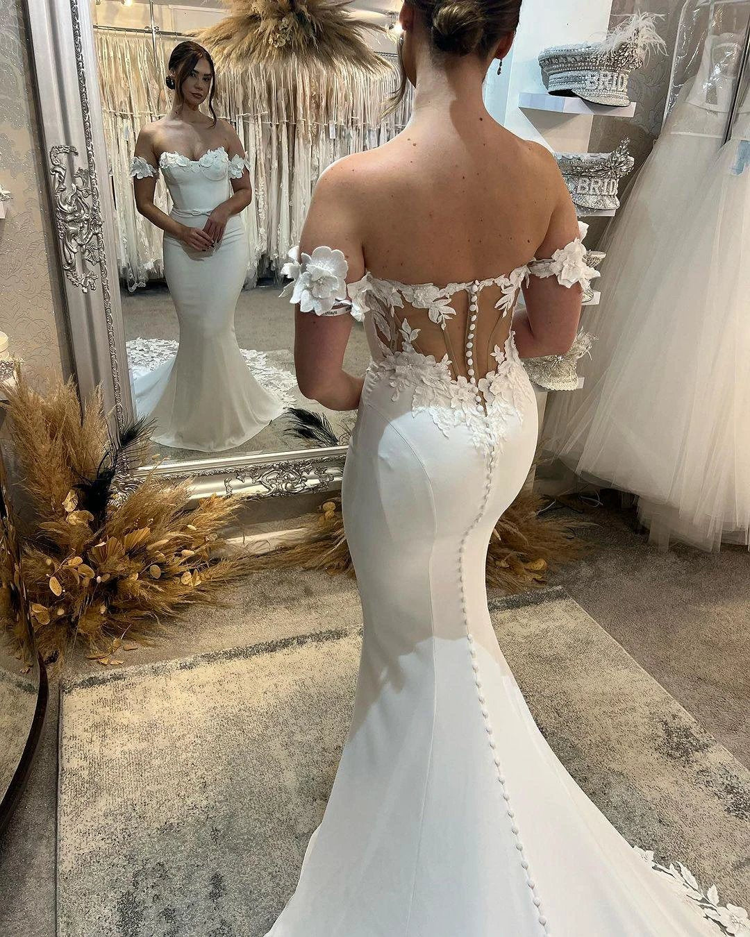 Elegant Long White Mermaid Off-the-shoulder Appliques Wedding Dress With Train by misshow.com