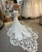 Elegant Long White Mermaid Off-the-shoulder Appliques Wedding Dress With Train by misshow.com