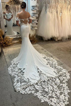 Elegant Long White Mermaid Off-the-shoulder Appliques Wedding Dress With Train by misshow.com