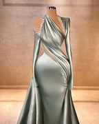 Elegant Mermaid Long Sleeve Halter Ruffles Satin Prom Dresses by misshow.com