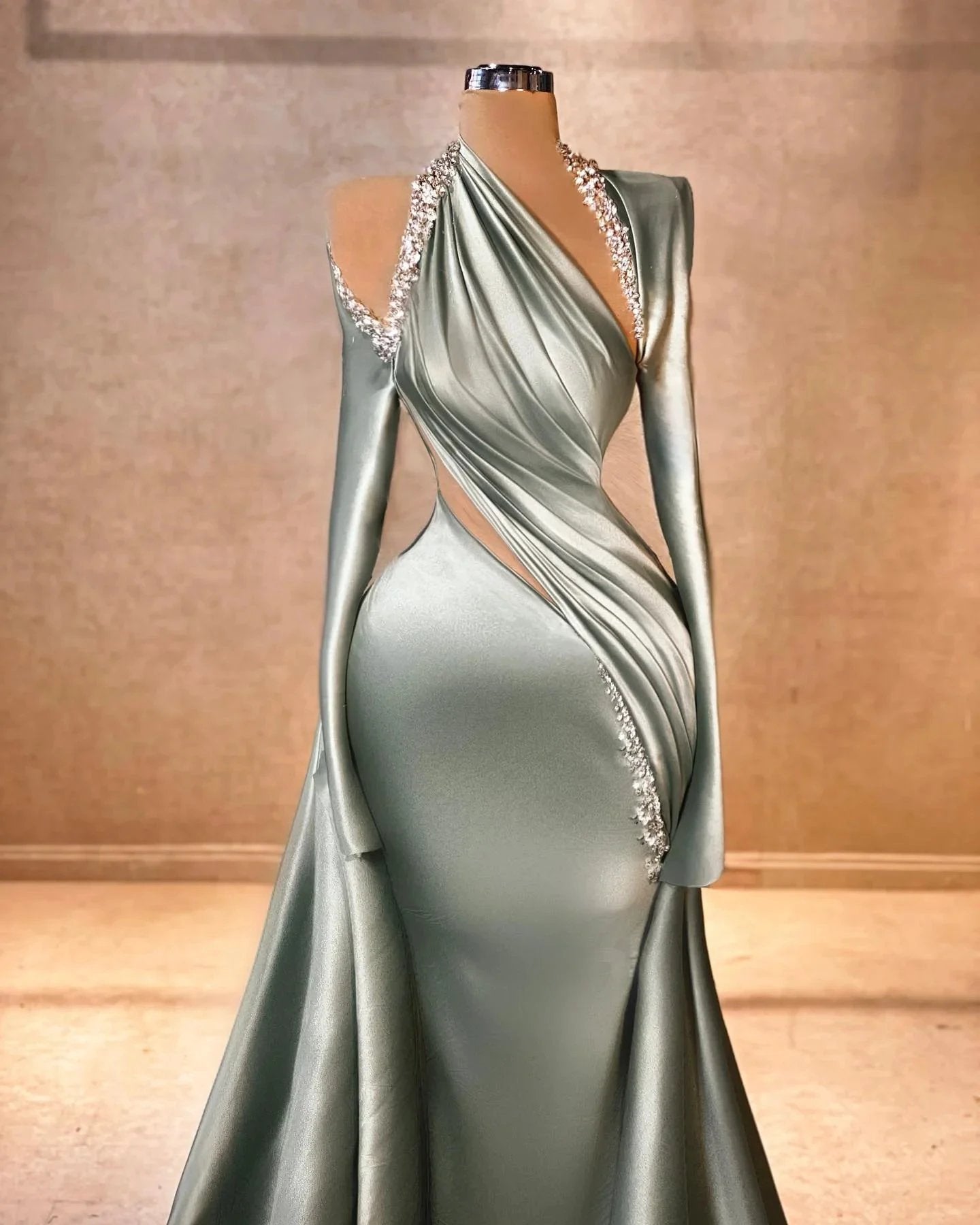 Elegant Mermaid Long Sleeve Halter Ruffles Satin Prom Dresses by misshow.com
