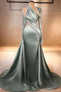 Elegant Mermaid Long Sleeve Halter Ruffles Satin Prom Dresses by misshow.com