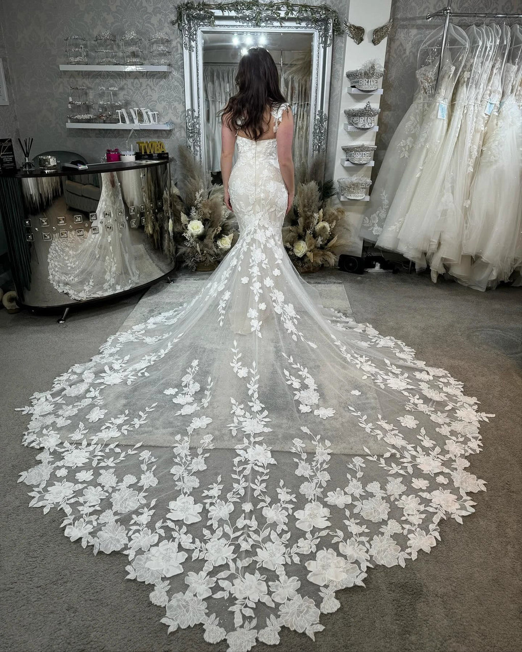 Elegant Mermaid Off-the-shoulder Sleeveless Appliques Tulle Lace Train Wedding Dress by misshow.com