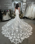 Elegant Mermaid Off-the-shoulder Sleeveless Appliques Tulle Lace Train Wedding Dress by misshow.com