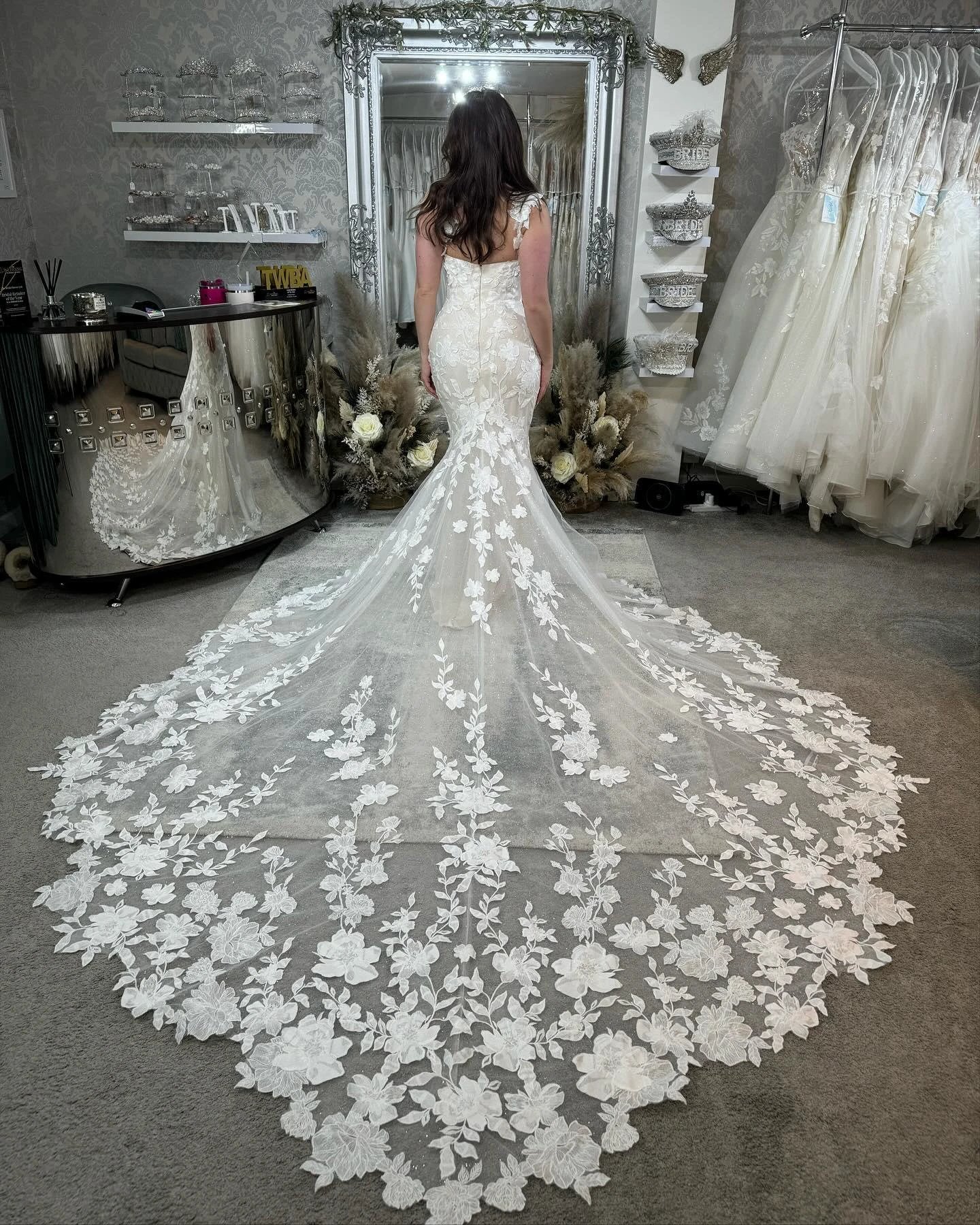 Elegant Mermaid Off-the-shoulder Sleeveless Appliques Tulle Lace Train Wedding Dress by misshow.com