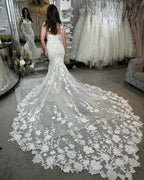 Elegant Mermaid Off-the-shoulder Sleeveless Appliques Tulle Lace Train Wedding Dress by misshow.com