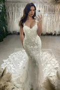 Elegant Mermaid Off-the-shoulder Sleeveless Appliques Tulle Lace Train Wedding Dress by misshow.com