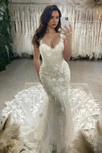 Elegant Mermaid Off-the-shoulder Sleeveless Appliques Tulle Lace Train Wedding Dress by misshow.com