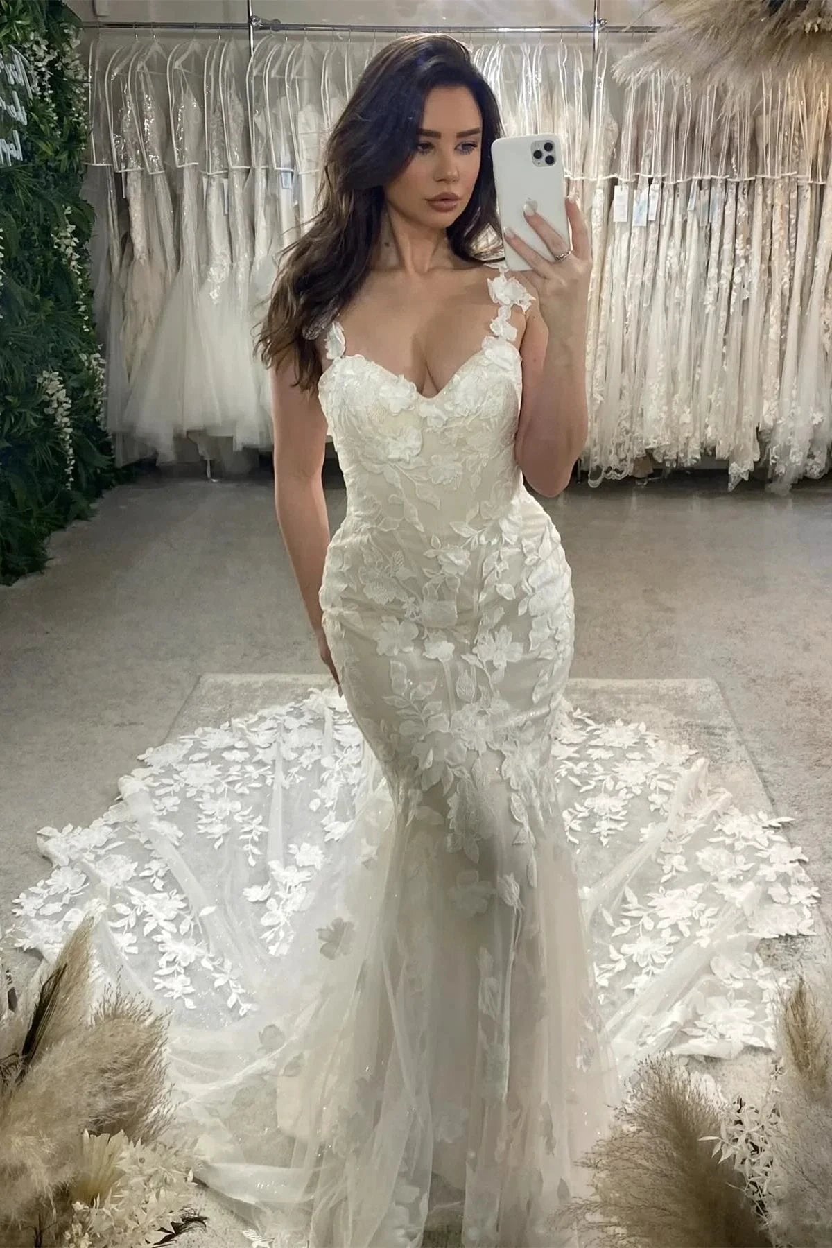 Elegant Mermaid Off-the-shoulder Sleeveless Appliques Tulle Lace Train Wedding Dress by misshow.com