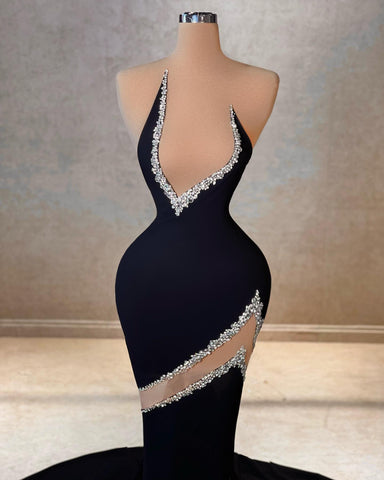 Elegant Mermaid V-neck Sleeveless Rhinestone Satin Tulle Prom Dresses