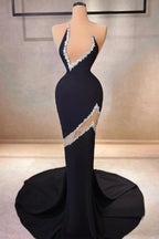 Elegant Mermaid V-neck Sleeveless Rhinestone Satin Tulle Prom Dresses by misshow.com
