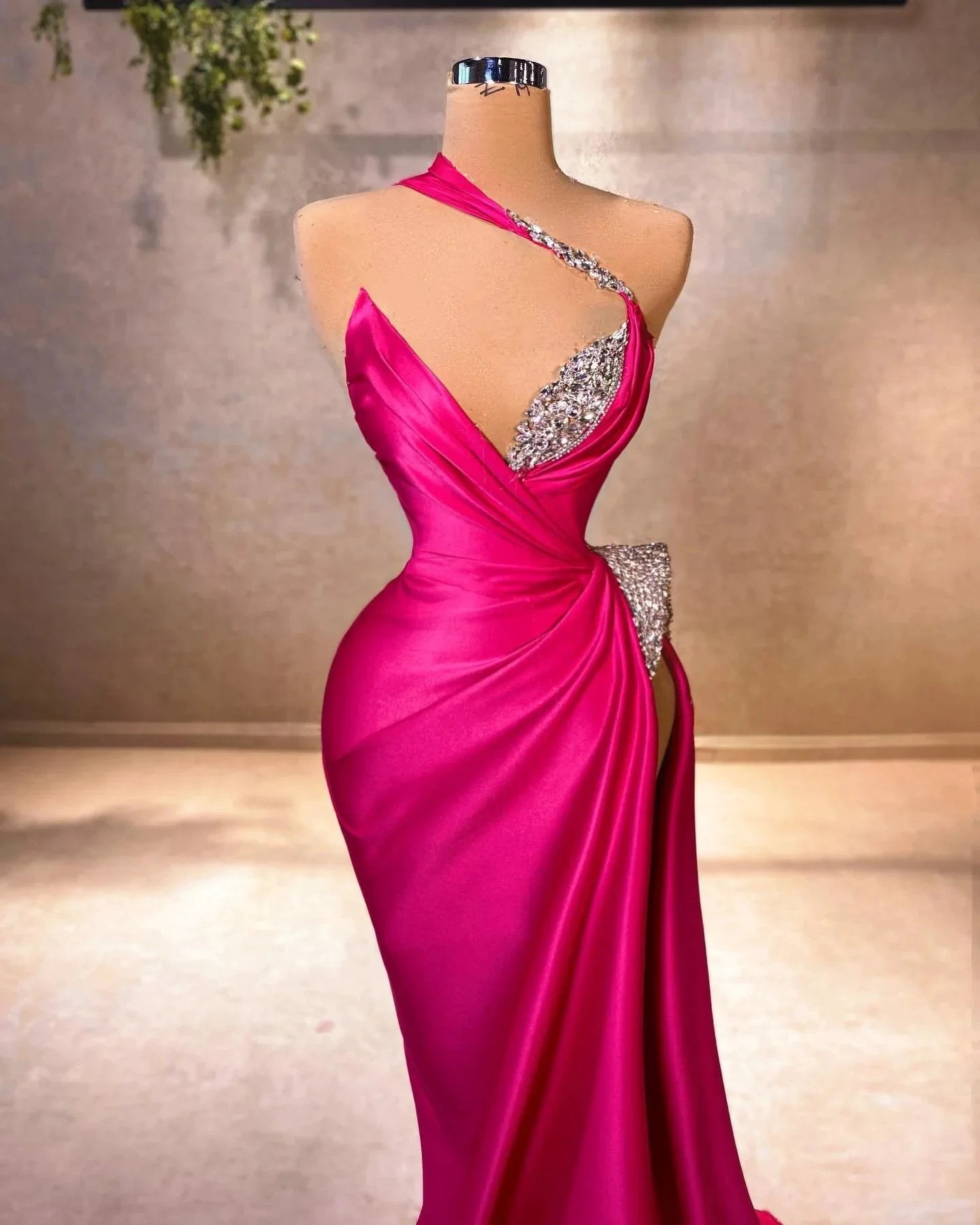 Elegant Mermaid V-neck Sleeveless Ruffles Satin Split Front Fuchsia Prom Dress by misshow.com