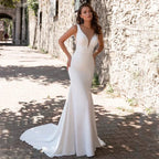 Elegant Mermaid Wedding Dress Women V-Neck Sleeveless Sweep Train Satin Spaghetti Strap Bridal Gown Button Back Vestido De Novia by payinti