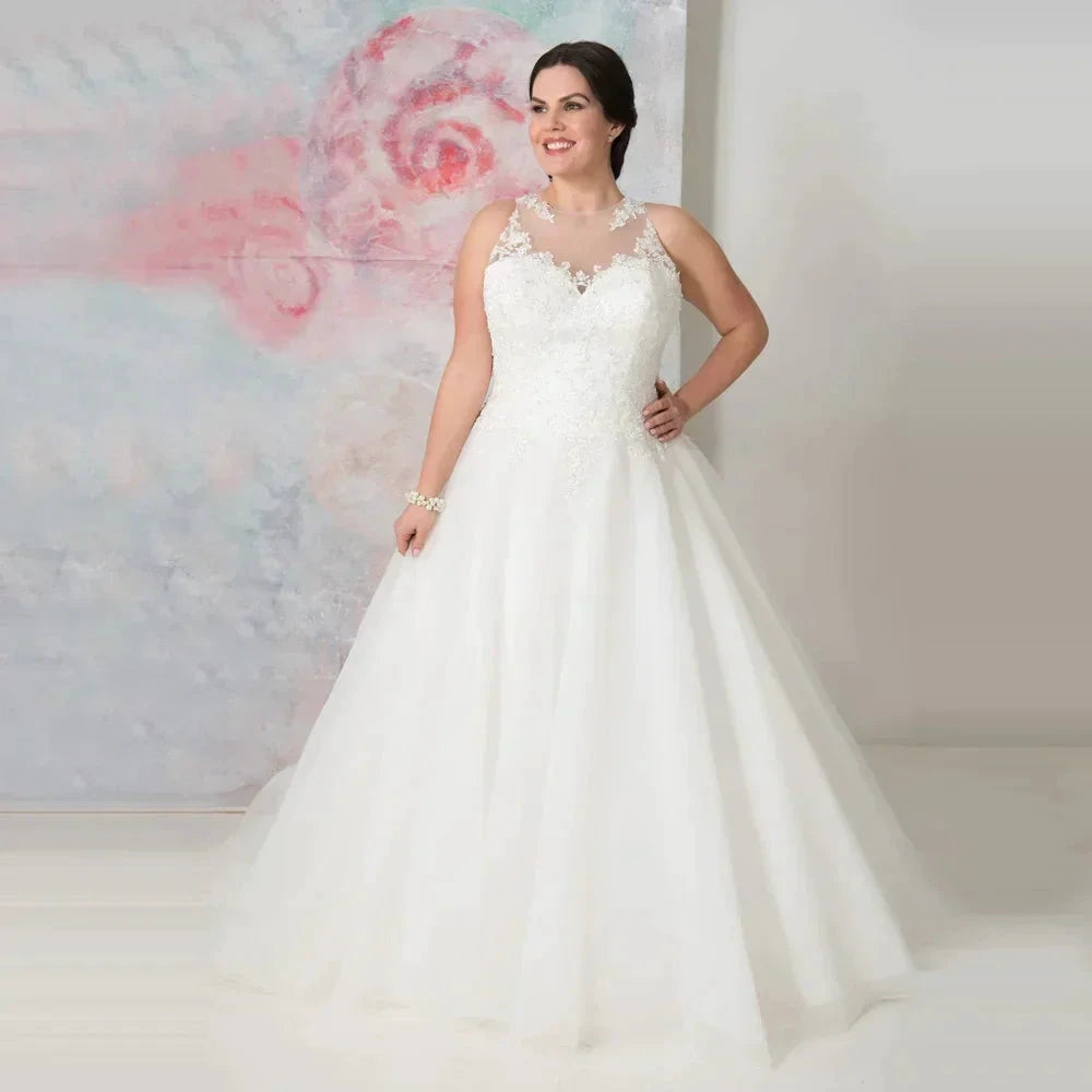 Elegant O-neck Plus Size Wedding Dresses Custom Made See Through Organza Appliqued A-line Bridal Gown Robe de Mariee by payinti