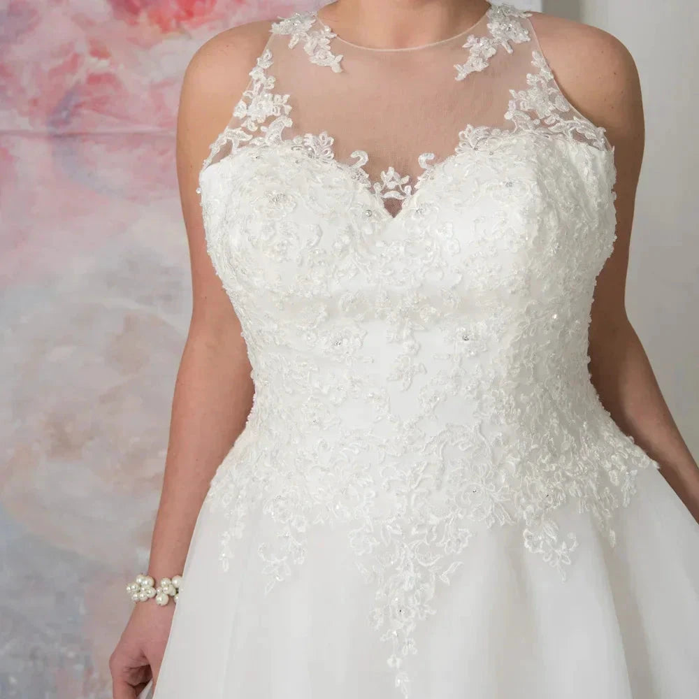 Elegant O-neck Plus Size Wedding Dresses Custom Made See Through Organza Appliqued A-line Bridal Gown Robe de Mariee by payinti