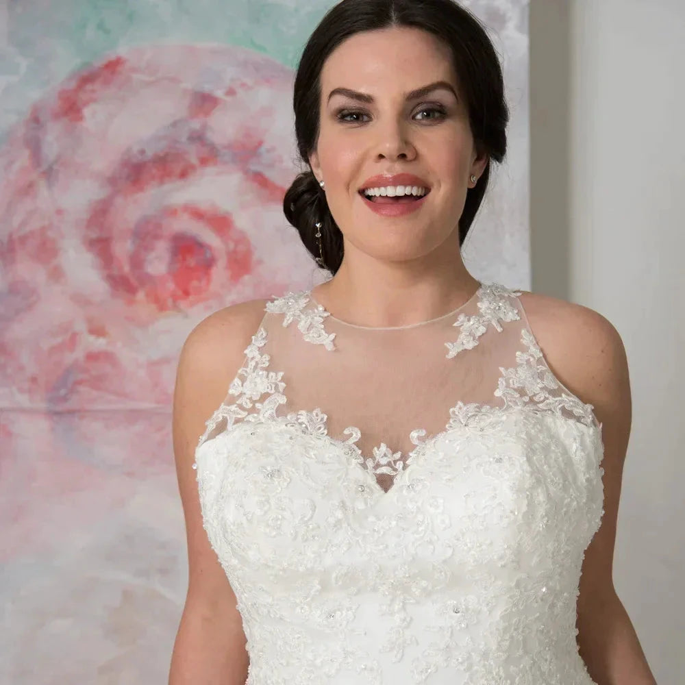 Elegant O-neck Plus Size Wedding Dresses Custom Made See Through Organza Appliqued A-line Bridal Gown Robe de Mariee by payinti