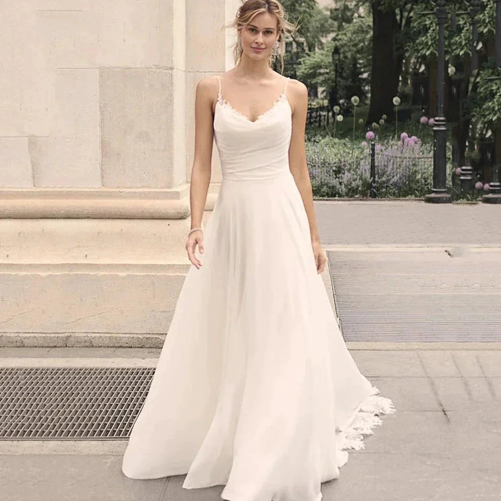 Elegant Off Shoulder Sleeveless Mopping Backless Wedding Dresses For Women Spaghetti Straps Bride Gown Appliques Backless Bridal by payinti
