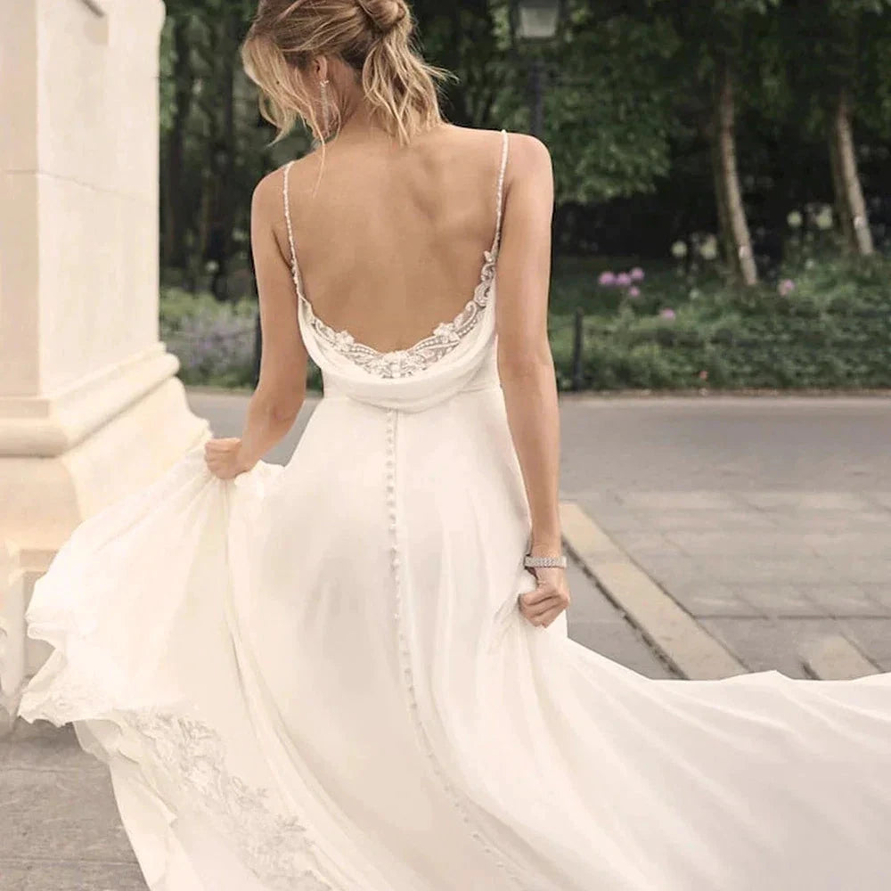 Elegant Off Shoulder Sleeveless Mopping Backless Wedding Dresses For Women Spaghetti Straps Bride Gown Appliques Backless Bridal by payinti