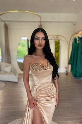 Elegante vestido de fiesta de sirena rosa sexy con abertura alta