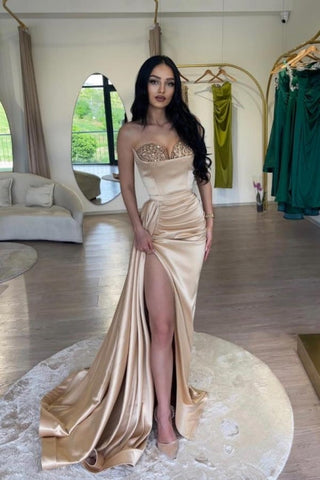 Elegante vestido de fiesta de sirena rosa sexy con abertura alta