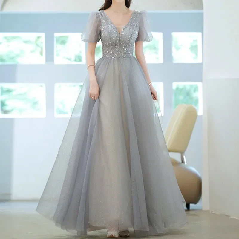 Elegant Princess Formal Evening Prom Dress Gorgeous V Neck Puff Sleeve Bandage Long Dresses Floral Glitter Robes De Soirée 2025