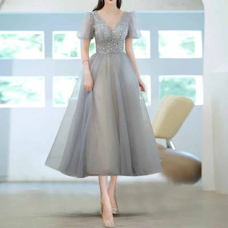 Elegant Princess Formal Evening Prom Dress Gorgeous V Neck Puff Sleeve Bandage Long Dresses Floral Glitter Robes De Soirée 2025