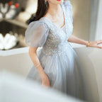 Elegant Princess Formal Evening Prom Dress Gorgeous V Neck Puff Sleeve Bandage Long Dresses Floral Glitter Robes De Soirée 2025