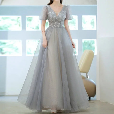 Elegantes Prinzessinnen-Abendkleid, wunderschönes V-Ausschnitt-Bandage-Kleid mit Puffärmeln, lange Kleider mit Blumenglitzer, Roben de Soirée 2025 
