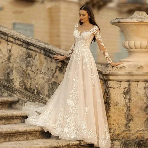 Elegant Round Neck Wedding Dresses 2023 Lace Long Sleeve Decal A-line  Fashion Women's Bridal Dress Robe Back Strap Design De