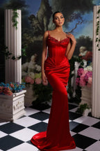 Elegant Satin Mermaid Sleeveless Spaghetti Straps Long Prom Dresses by misshow.com