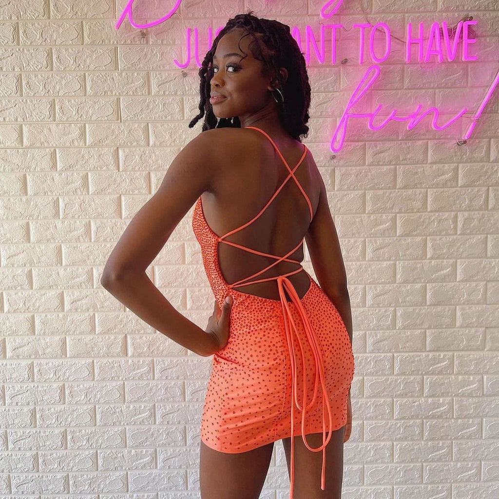 Elegant Short Orange Spaghetti Straps Sexy Sleeveless Homecoming Dress by misshow.com