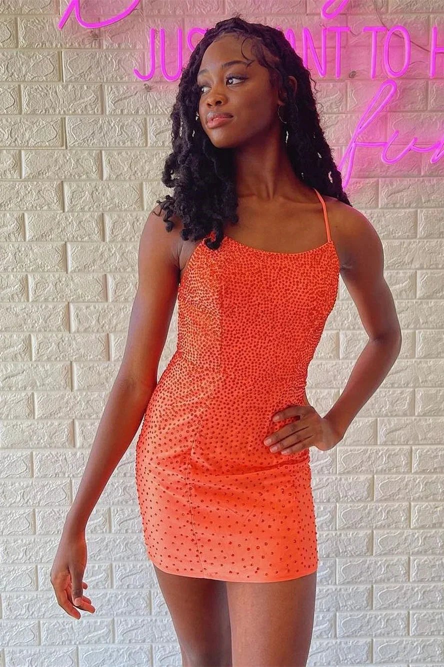 Elegant Short Orange Spaghetti Straps Sexy Sleeveless Homecoming Dress by misshow.com