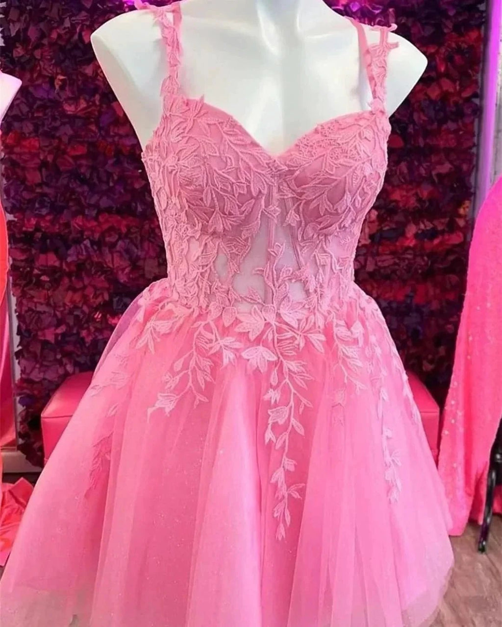Elegant Short Pink Straps Lace Sleeveless Glitter Homecoming Dress by misshow.com