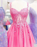 Elegant Short Pink Straps Lace Sleeveless Glitter Homecoming Dress by misshow.com