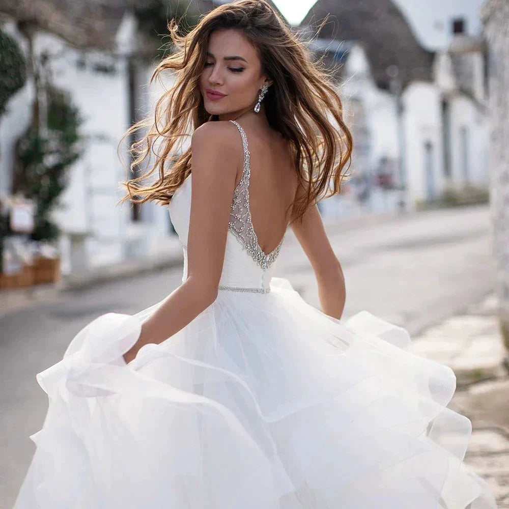 Elegant Spaghetti Straps Ball Gown Wedding Dresses Backless Robe de Mariage Delicate Beaded Ruffles Bridal Gown by payinti